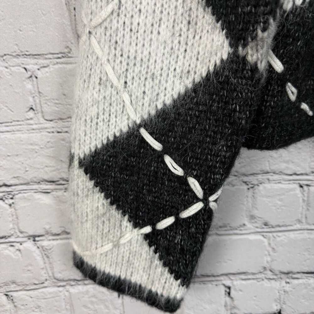 English Factory Argyle Cardigan Women S Heavyweight Cross Stitch Knit Black Gray - Picture 7 of 13